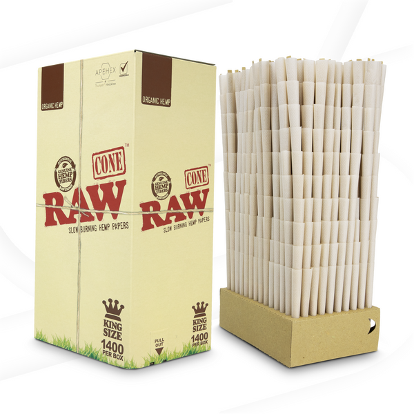 RAW Organic King Size Cones Bulk Box 1400 Cone/Pack ESD Official